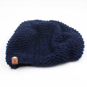 Handmade Hand Knit Acrylic Seed Stitch Beanie Hat in Navy Dark Blue